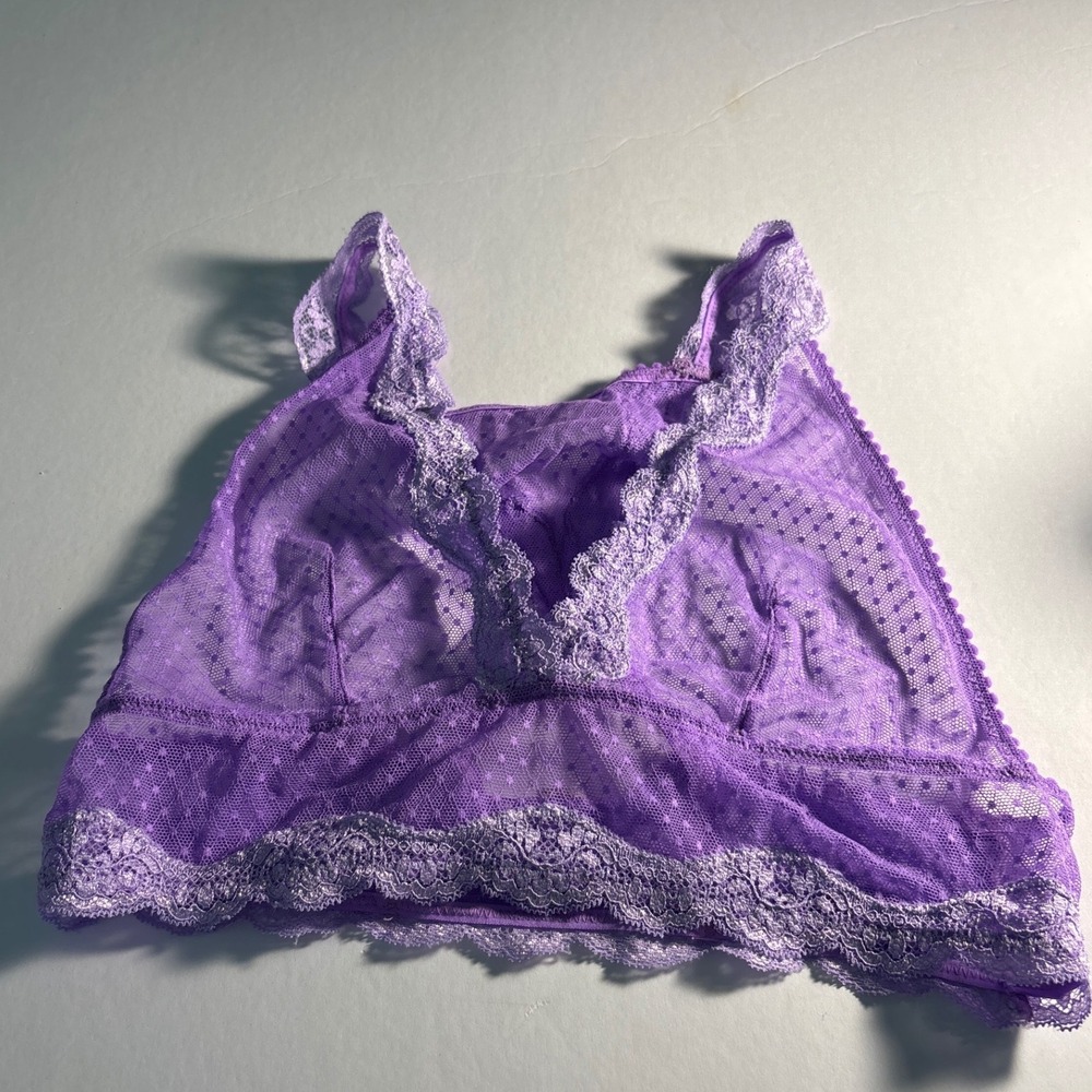 Purple Lace Sheer Polka Dot Mesh Bralette Racerback V-Neck Lingerie Top
